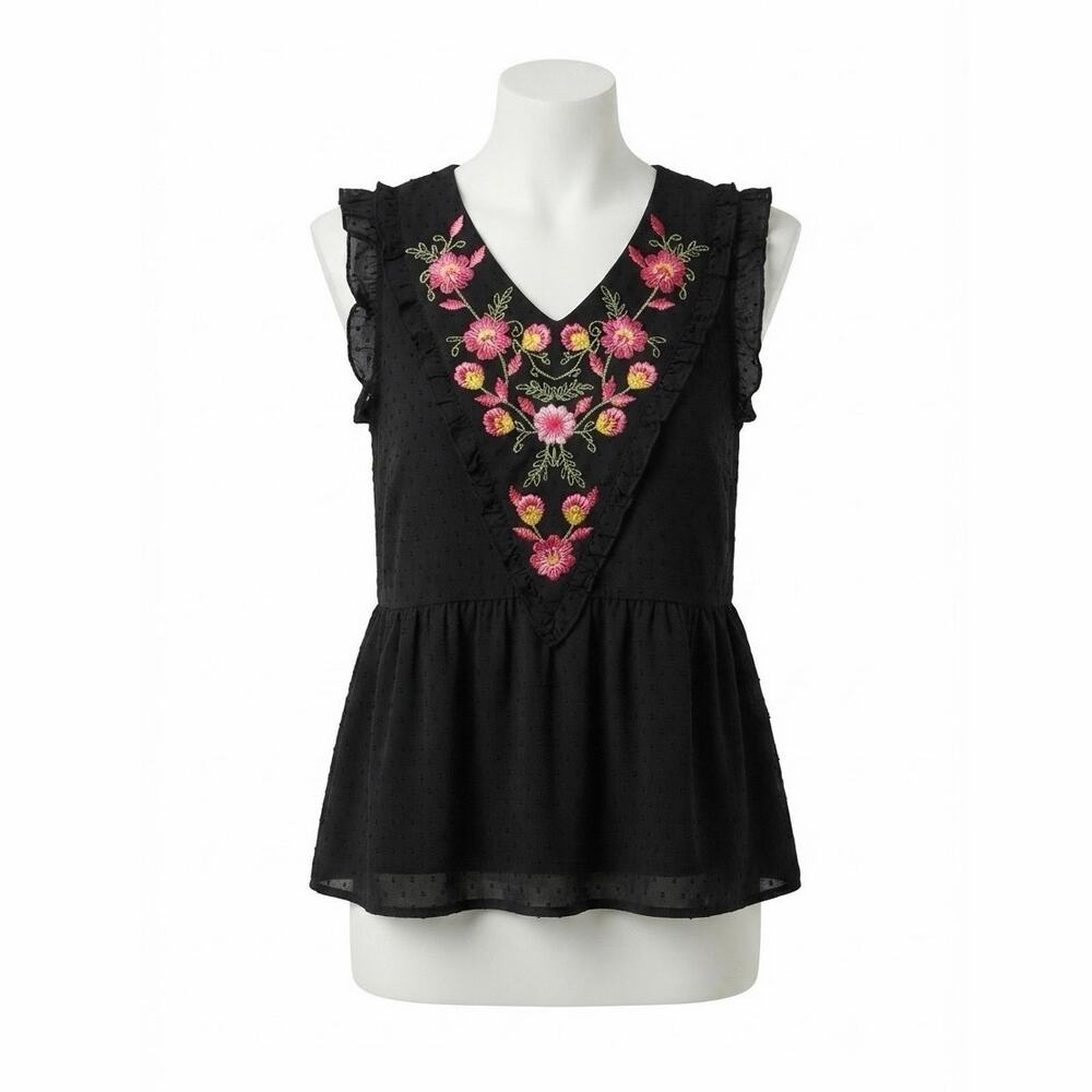 Time & Tru Black Swiss Dot Embroidered Floral Babydoll Peplum Blouse Sz Small S